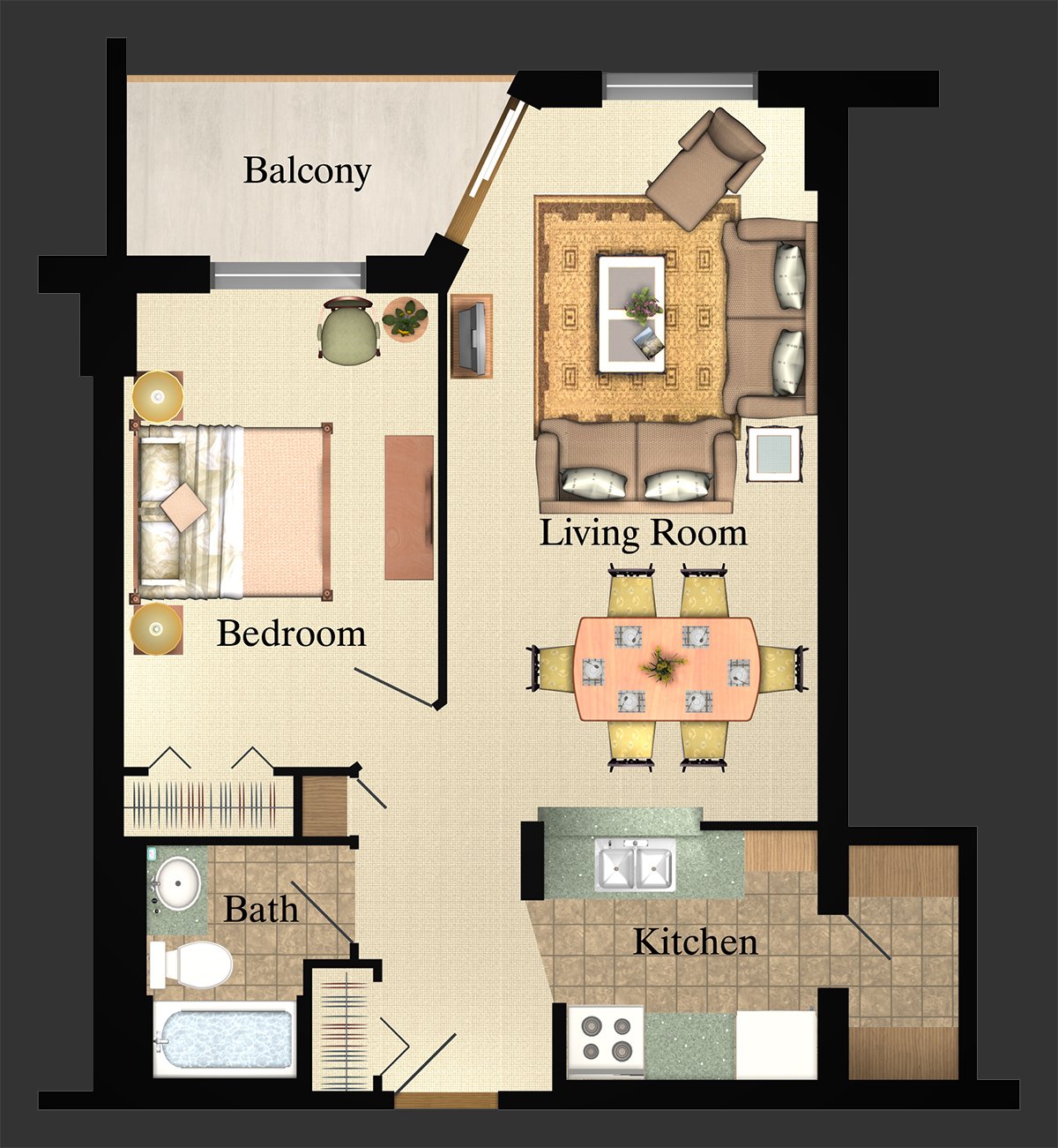 Layout for a 1 bedroom apartment for rent