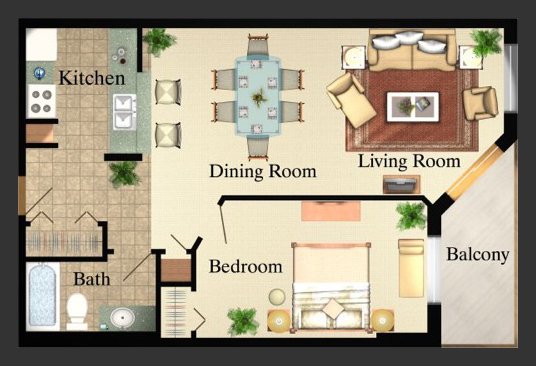 1 bedroom, 1 bathroom apartment layout
